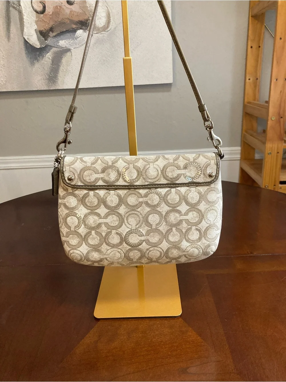 Coach Kristin Op Art Sequin Sling Pack Crossbody Bag #45088 Taupe Monogram EUC
